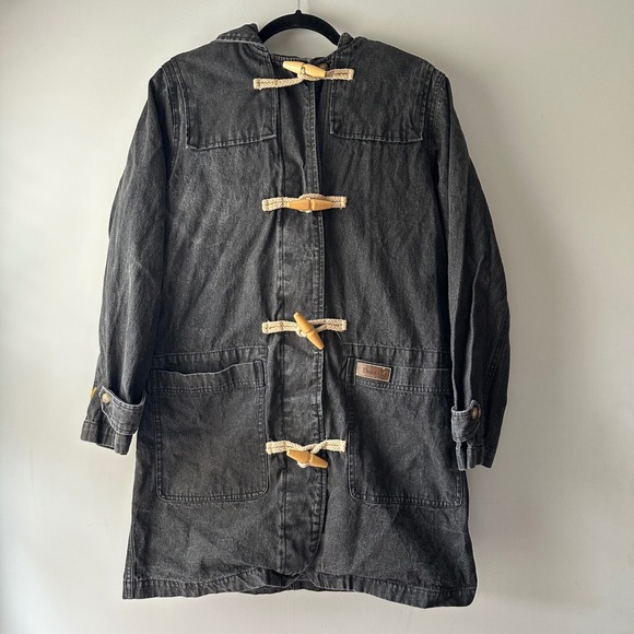 Denim & Co. Charcoal Gray Denim Duffle Coat Hooded Lined Toggle Closure